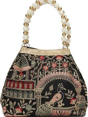 Vintage Floral Embroidered Potli Bag with Pearl Handle | Evening Purse